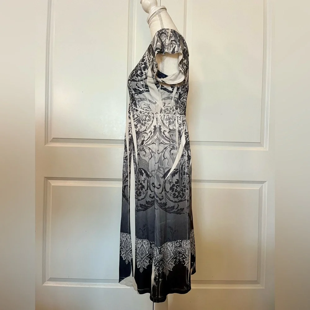 Vtg Y2K Boho Apt.9 Midi Stretch Dress Gray White Pattern Dye Print Scoop Neck MD - Picture 9 of 15